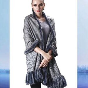 Luxury Gray Blue Cashmere Reversible Leopard Paisley Print Rabbit Fur Scarf Wrap